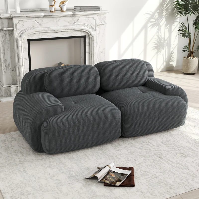 Canapé 2 places loveseat modulable en velours côtelé gris avec accoudoirs courbés, confort premium, sans montage NOVAMEK