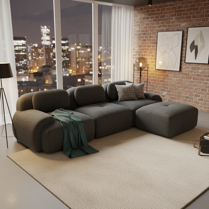 Canapé d'angle 3 places modulable en velours côtelé gris avec accoudoirs courbés, confort premium, sans montage QUASARLOTH