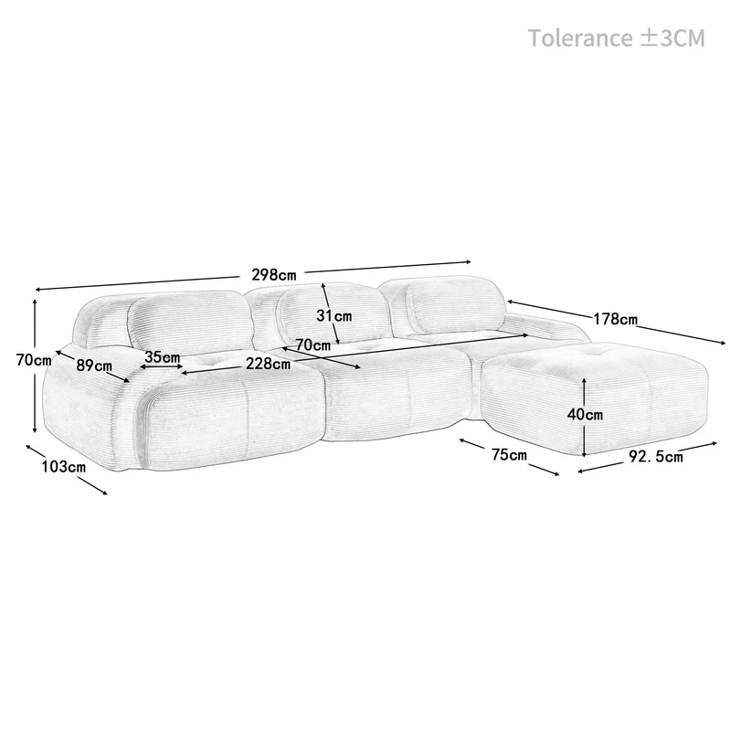Canapé d'angle 3 places modulable en velours côtelé gris avec accoudoirs courbés, confort premium, sans montage QUASARLOTH