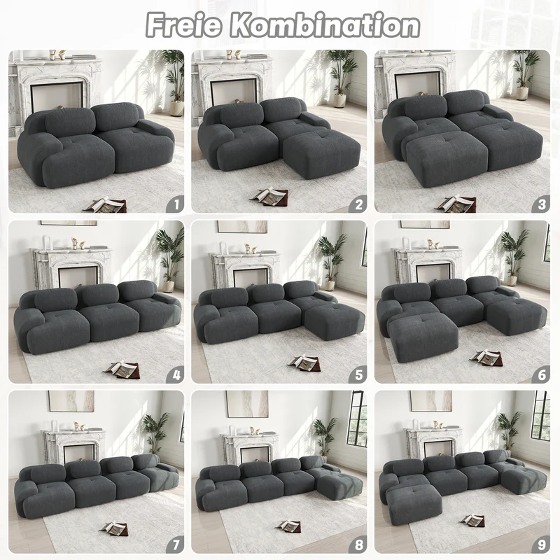 Canapé d'angle 3 places modulable en velours côtelé gris avec accoudoirs courbés, confort premium, sans montage QUASARLOTH