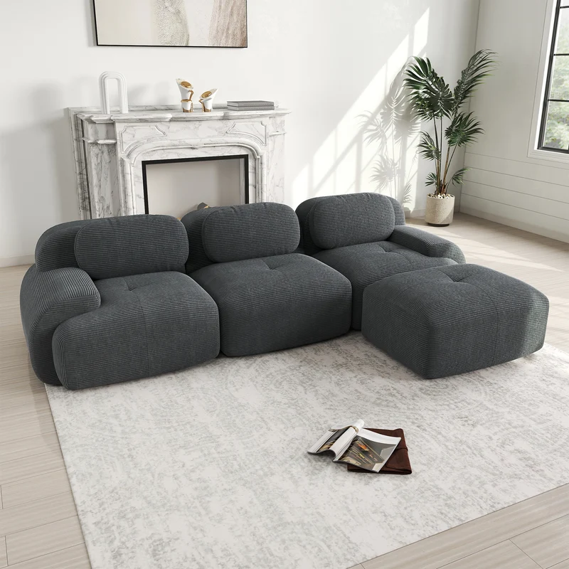 Canapé d'angle 3 places modulable en velours côtelé gris avec accoudoirs courbés, confort premium, sans montage QUASARLOTH