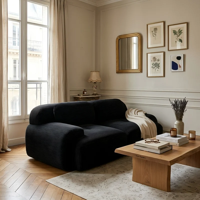 Canapé 2 places loveseat modulable en velours côtelé noir avec accoudoirs courbés, confort premium, sans montage QUASARZORA