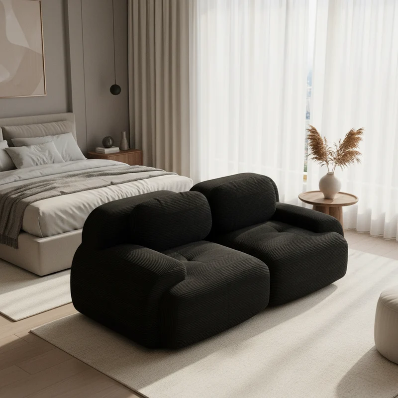 Canapé 2 places loveseat modulable en velours côtelé noir avec accoudoirs courbés, confort premium, sans montage QUASARZORA