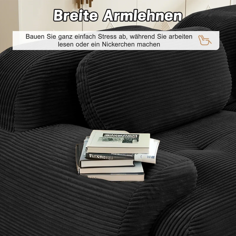 Canapé 2 places loveseat modulable en velours côtelé noir avec accoudoirs courbés, confort premium, sans montage QUASARZORA