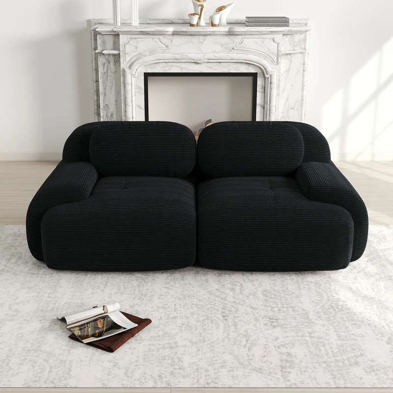 Canapé 2 places loveseat modulable en velours côtelé noir avec accoudoirs courbés, confort premium, sans montage QUASARZORA