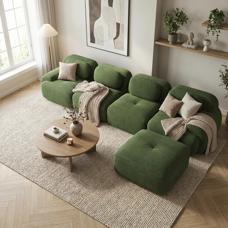 Grand canapé d'angle 4 places modulable en velours côtelé vert kaki avec accoudoirs courbés, sans montage GANOID