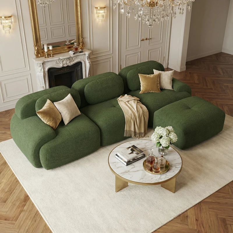 Canapé d'angle 3 places modulable en velours côtelé vert kaki avec accoudoirs courbés, confort premium, sans montage REELEDSILK