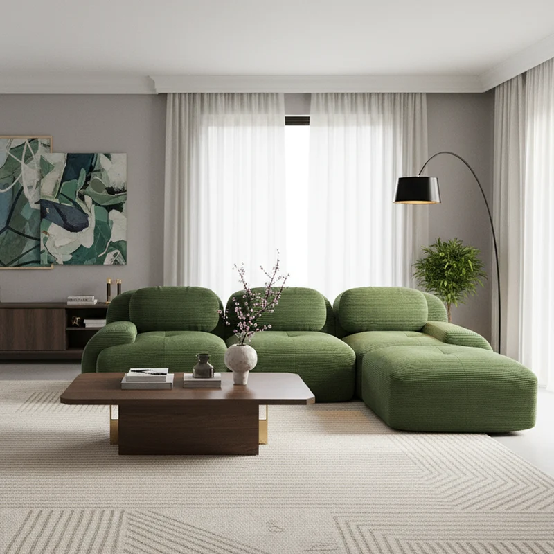 Canapé d'angle 3 places modulable en velours côtelé vert kaki avec accoudoirs courbés, confort premium, sans montage REELEDSILK