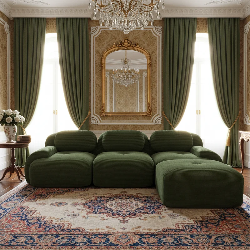 Canapé d'angle 3 places modulable en velours côtelé vert kaki avec accoudoirs courbés, confort premium, sans montage REELEDSILK