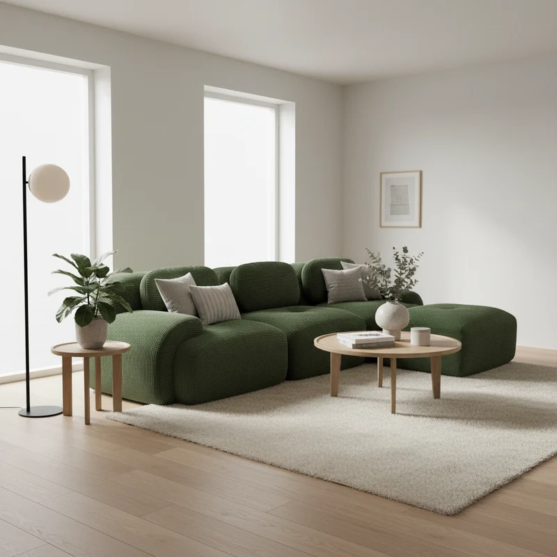 Canapé d'angle 3 places modulable en velours côtelé vert kaki avec accoudoirs courbés, confort premium, sans montage REELEDSILK