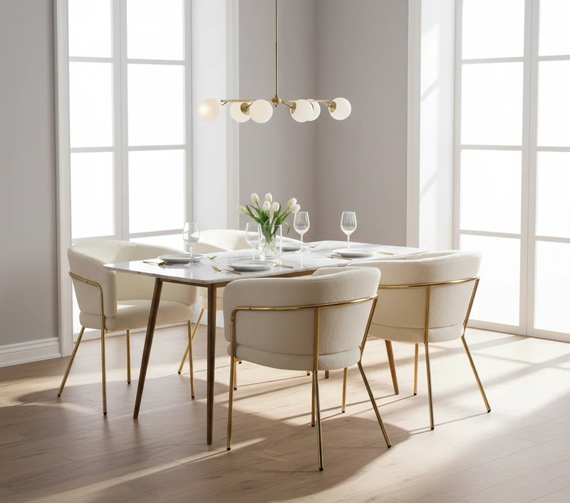 Chaise de salle à manger tissu bouclé beige, avec pieds métalliques dorés PETALVEIN