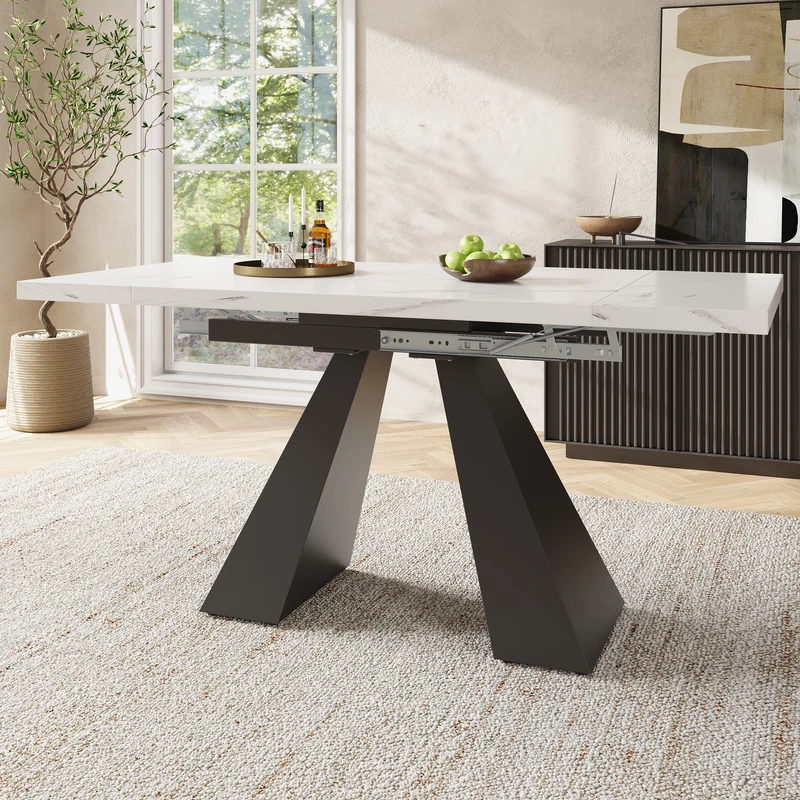 Table de salle à manger extensible système coulissant effet marbre blanc avec pieds en colonne 99-159cm GHAKOX WHITE