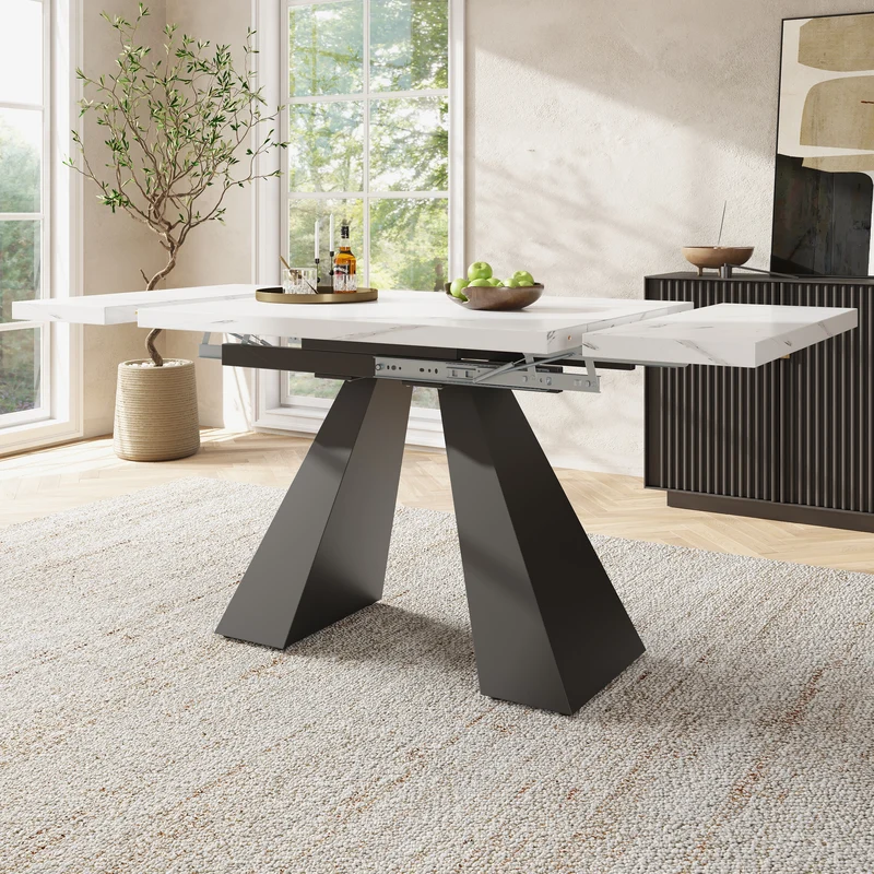 Table de salle à manger extensible système coulissant effet marbre blanc avec pieds en colonne 99-159cm GHAKOX WHITE