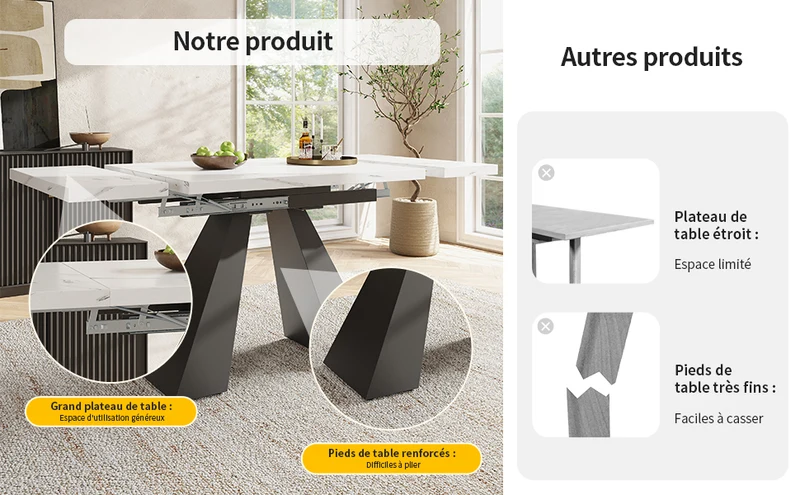 Table de salle à manger extensible système coulissant effet marbre blanc avec pieds en colonne 99-159cm GHAKOX WHITE