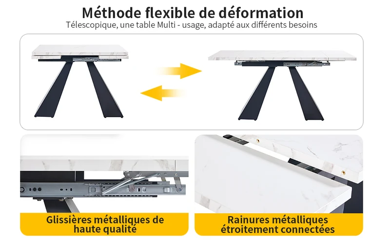 Table de salle à manger extensible système coulissant effet marbre blanc avec pieds en colonne 99-159cm GHAKOX WHITE
