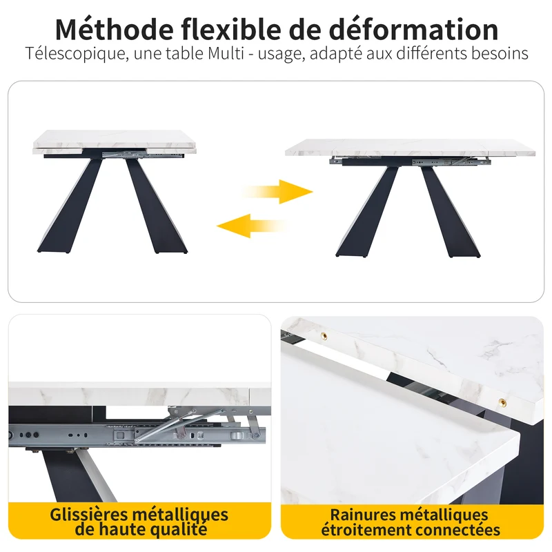 Table de salle à manger extensible système coulissant effet marbre blanc avec pieds en colonne 99-159cm GHAKOX WHITE
