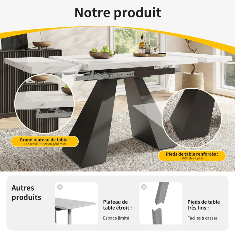 Table de salle à manger extensible système coulissant effet marbre blanc avec pieds en colonne 99-159cm GHAKOX WHITE