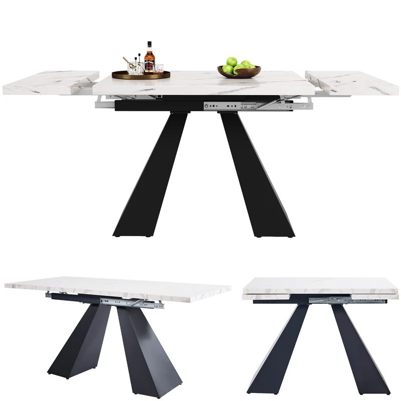 Table de salle à manger extensible système coulissant effet marbre blanc avec pieds en colonne 99-159cm GHAKOX WHITE