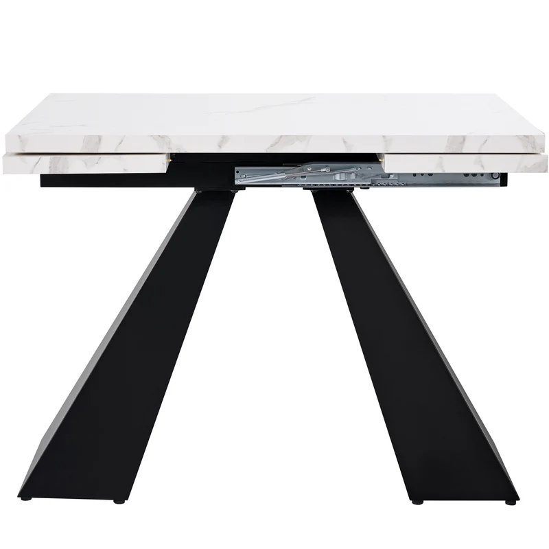Table de salle à manger extensible système coulissant effet marbre blanc avec pieds en colonne 99-159cm GHAKOX WHITE
