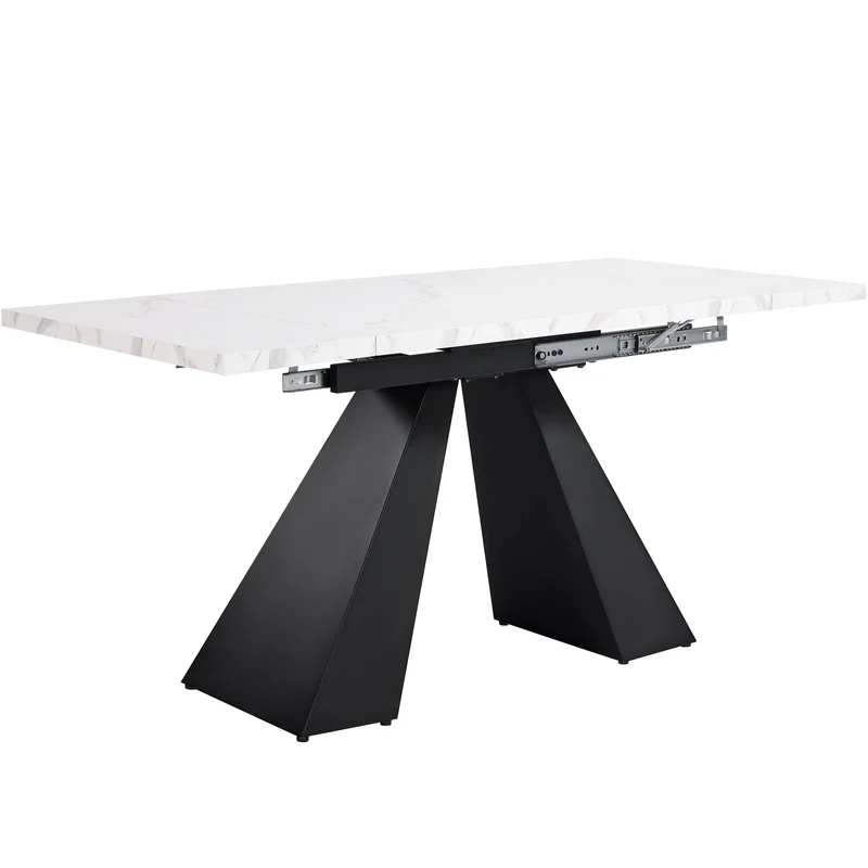 Table de salle à manger extensible système coulissant effet marbre blanc avec pieds en colonne 99-159cm GHAKOX WHITE
