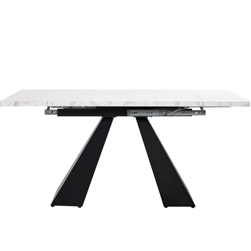 Table de salle à manger extensible système coulissant effet marbre blanc avec pieds en colonne 99-159cm GHAKOX WHITE