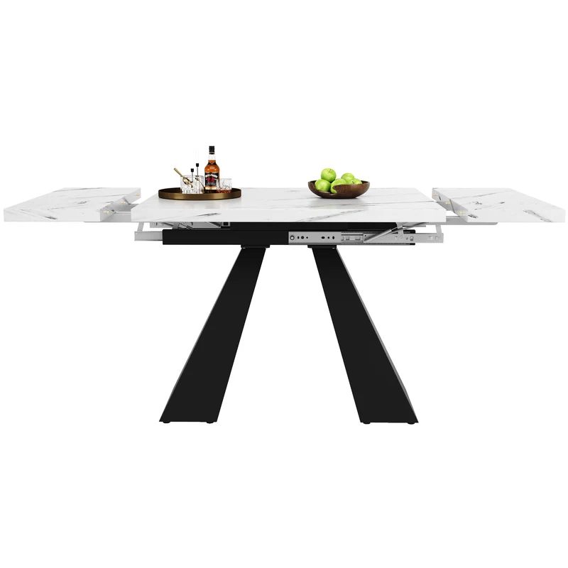 Table de salle à manger extensible système coulissant effet marbre blanc avec pieds en colonne 99-159cm GHAKOX WHITE