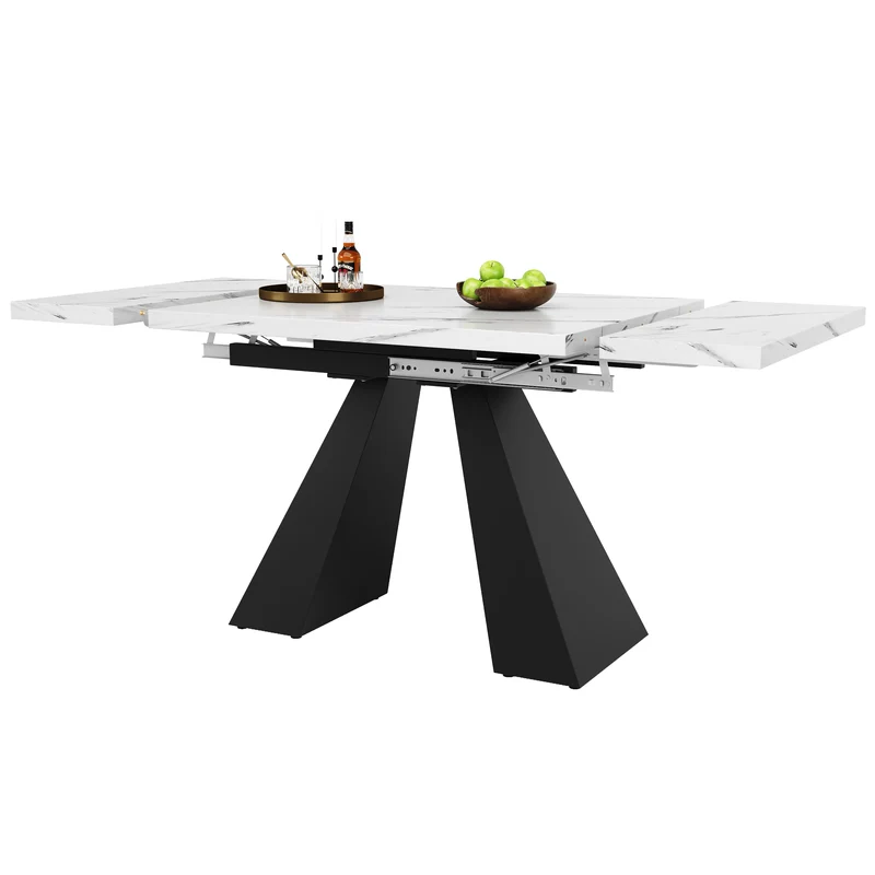 Table de salle à manger extensible système coulissant effet marbre blanc avec pieds en colonne 99-159cm GHAKOX WHITE