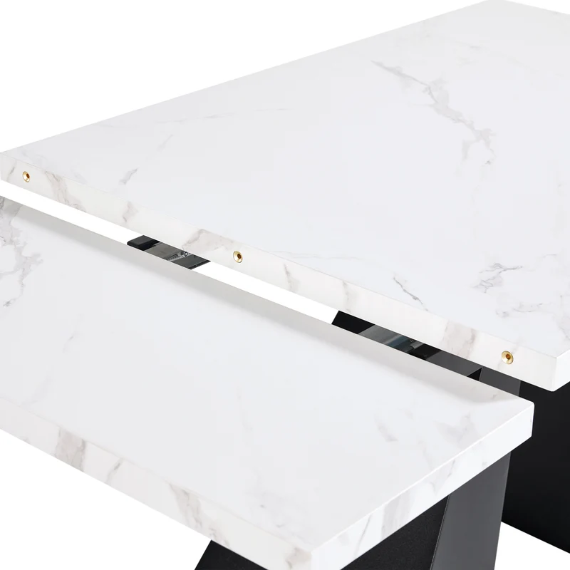 Table de salle à manger extensible système coulissant effet marbre blanc avec pieds en colonne 99-159cm GHAKOX WHITE