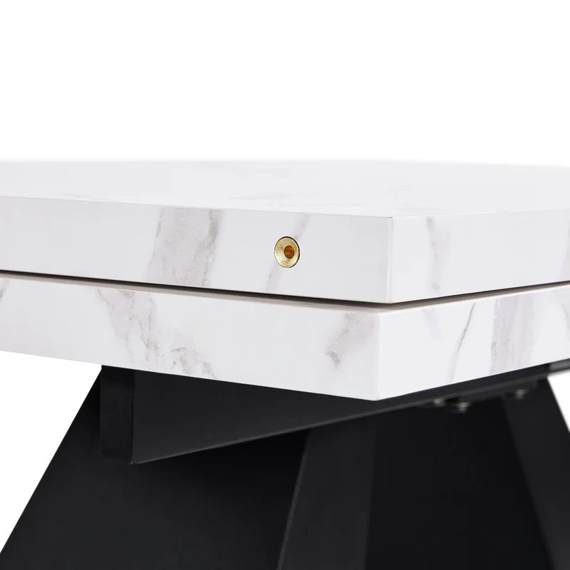 Table de salle à manger extensible système coulissant effet marbre blanc avec pieds en colonne 99-159cm GHAKOX WHITE