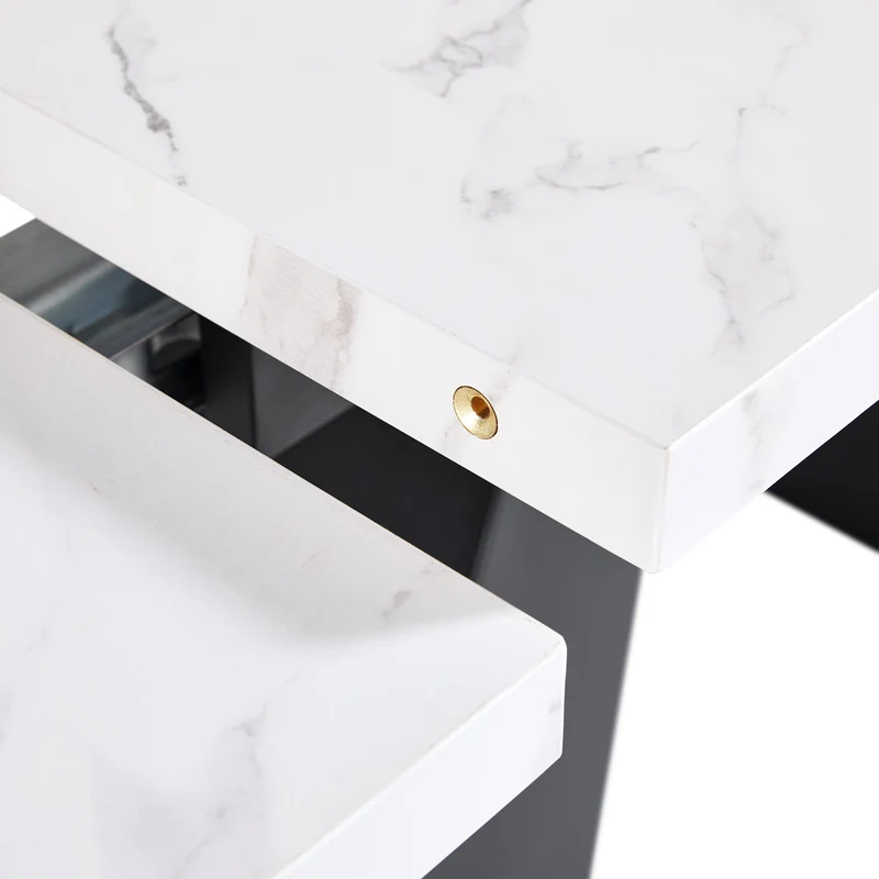 Table de salle à manger extensible système coulissant effet marbre blanc avec pieds en colonne 99-159cm GHAKOX WHITE