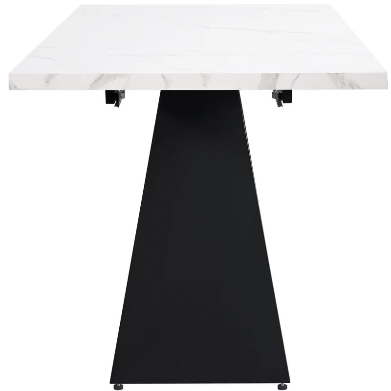 Table de salle à manger extensible système coulissant effet marbre blanc avec pieds en colonne 99-159cm GHAKOX WHITE