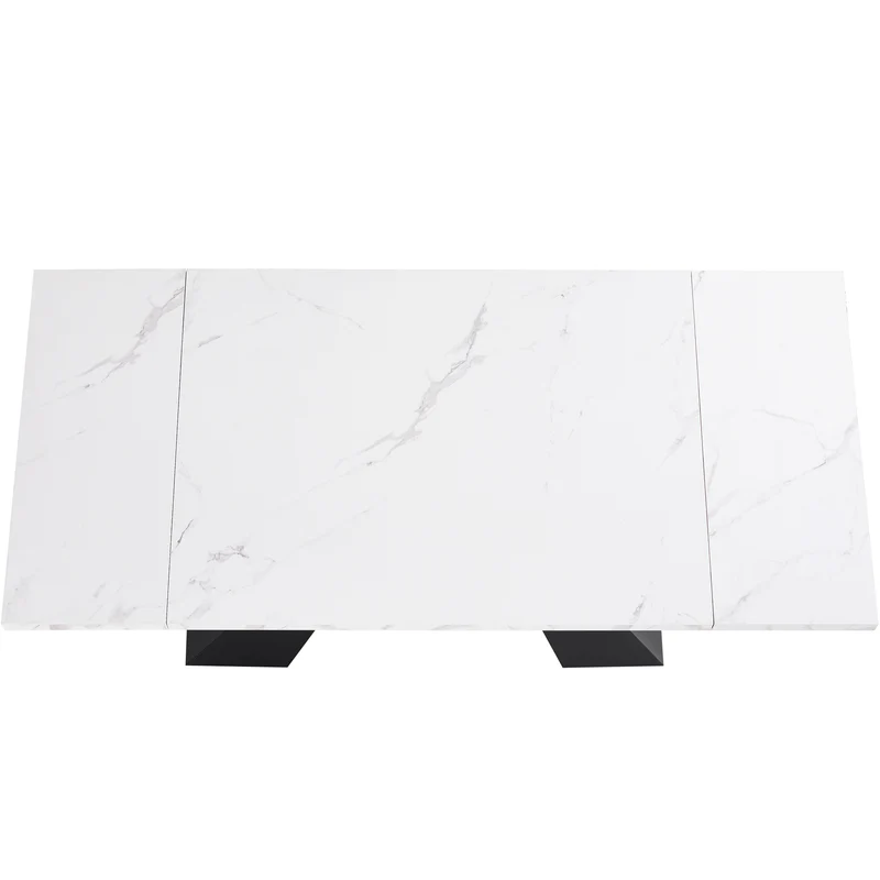 Table de salle à manger extensible système coulissant effet marbre blanc avec pieds en colonne 99-159cm GHAKOX WHITE