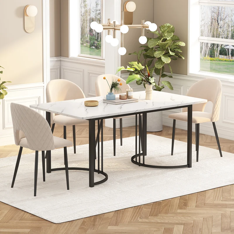 Table à manger rectangulaire moderne effet marbre blanc structure en métal noir 140 x 80 cm DRICALS