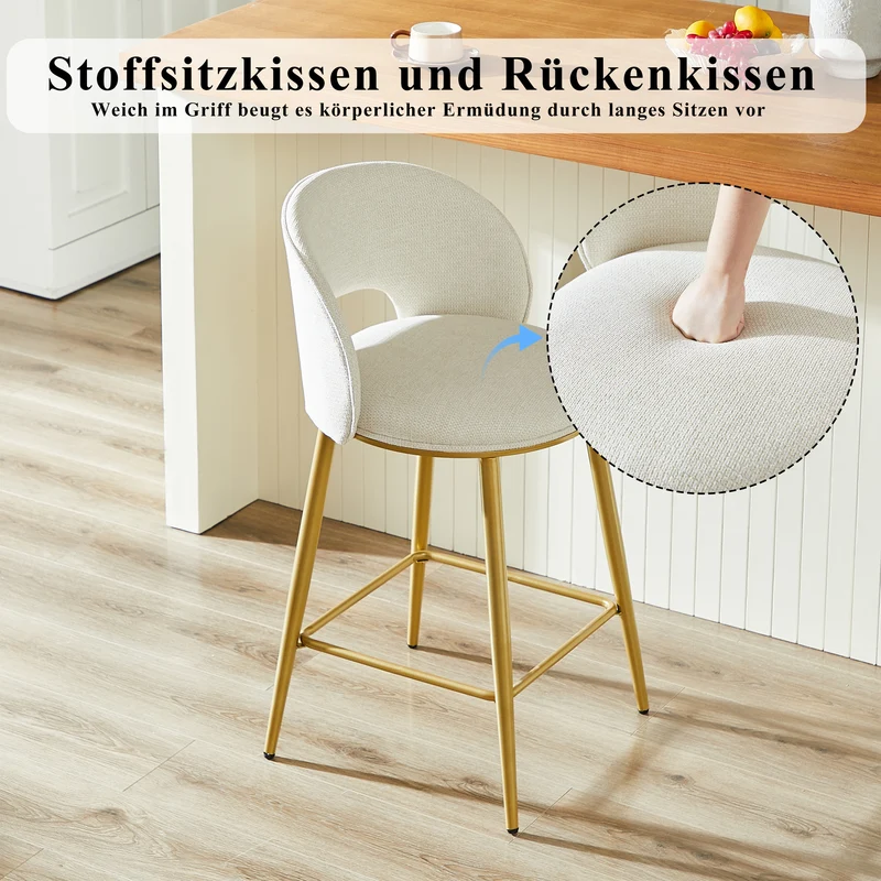 Lot de 2 tabourets de bar chenille beige avec dossier ajouré, pieds dorés FLAREKAEL