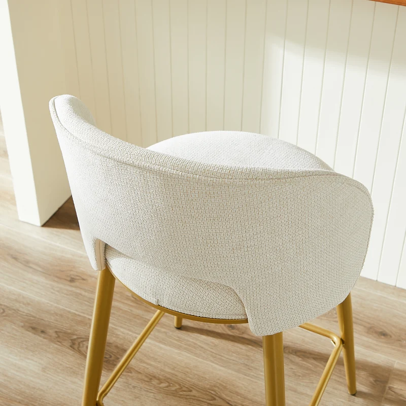 Lot de 2 tabourets de bar chenille beige avec dossier ajouré, pieds dorés FLAREKAEL