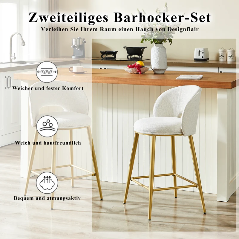 Lot de 2 tabourets de bar chenille beige avec dossier ajouré, pieds dorés FLAREKAEL