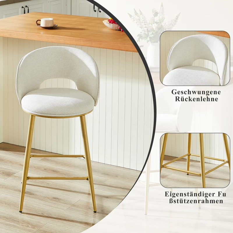 Lot de 2 tabourets de bar chenille beige avec dossier ajouré, pieds dorés FLAREKAEL