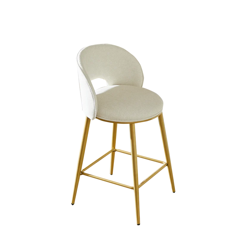 Lot de 2 tabourets de bar chenille beige avec dossier ajouré, pieds dorés FLAREKAEL