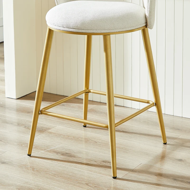 Lot de 2 tabourets de bar chenille beige avec dossier ajouré, pieds dorés FLAREKAEL