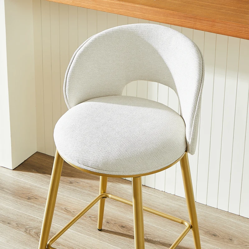 Lot de 2 tabourets de bar chenille beige avec dossier ajouré, pieds dorés FLAREKAEL
