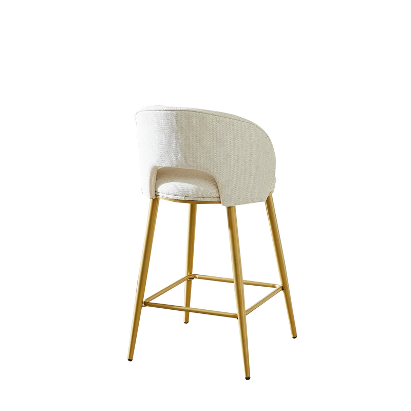 Lot de 2 tabourets de bar chenille beige avec dossier ajouré, pieds dorés FLAREKAEL