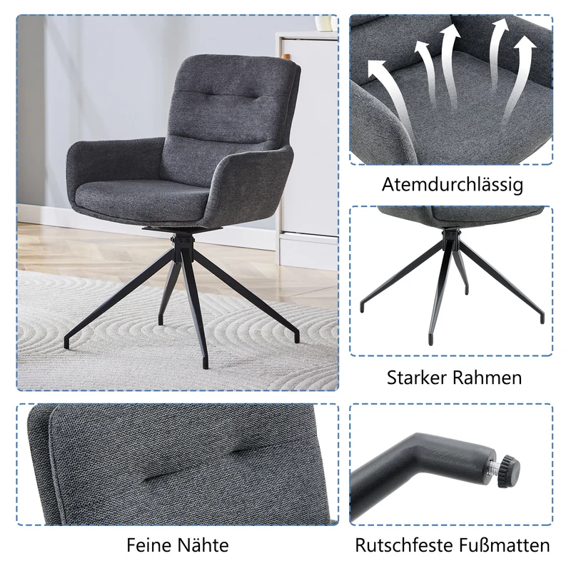 Lot de 2 chaises pivotantes 360° en lin gris foncé et pieds métal noir FLAREVYR
