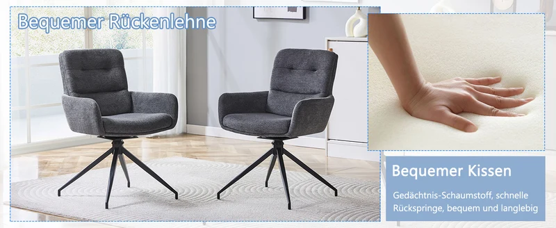 Lot de 2 chaises pivotantes 360° en lin gris foncé et pieds métal noir FLAREVYR