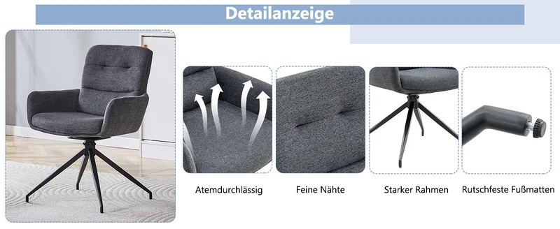 Lot de 2 chaises pivotantes 360° en lin gris foncé et pieds métal noir FLAREVYR