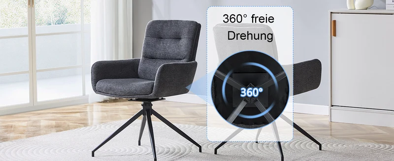 Lot de 2 chaises pivotantes 360° en lin gris foncé et pieds métal noir FLAREVYR