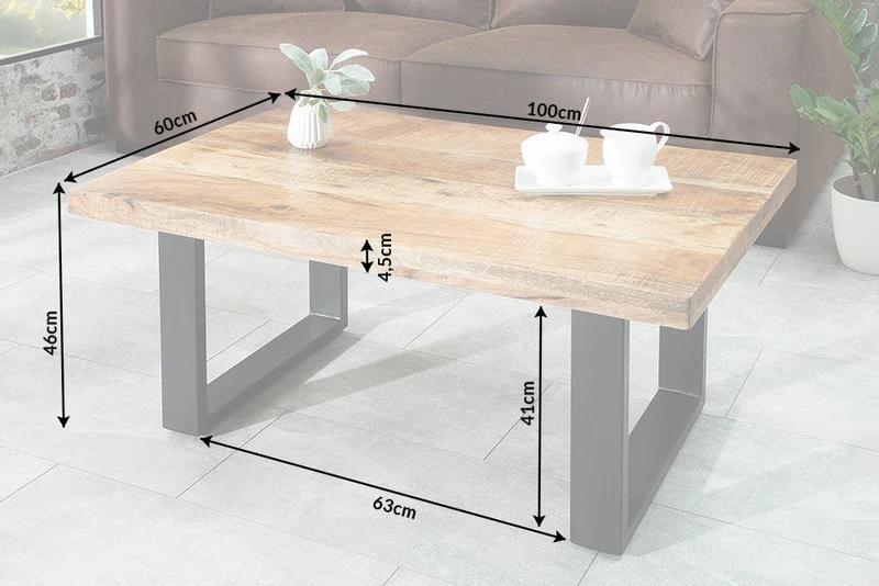 Table basse design IRON CRAFT 100cm bois de manguier fer design industriel structure noire solide