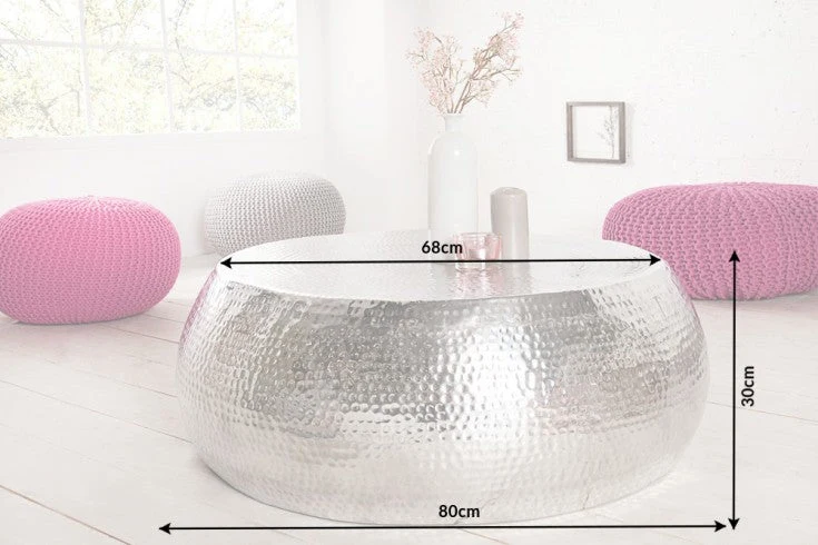 Table basse ronde ORIENT 80cm métal argenté aluminium martelé design fait main