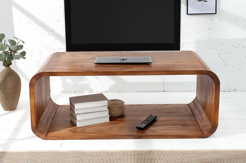 Table basse en bois massif CUBUS 100 cm marron finition pierre de Sheesham meuble TV design rétro
