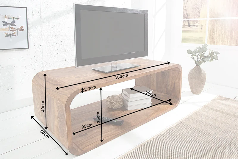 Table basse en bois massif CUBUS 100 cm marron finition pierre de Sheesham meuble TV design rétro