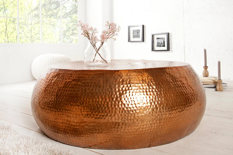 Table basse ronde ORIENT 80cm cuivre métal aluminium martelé design fait main
